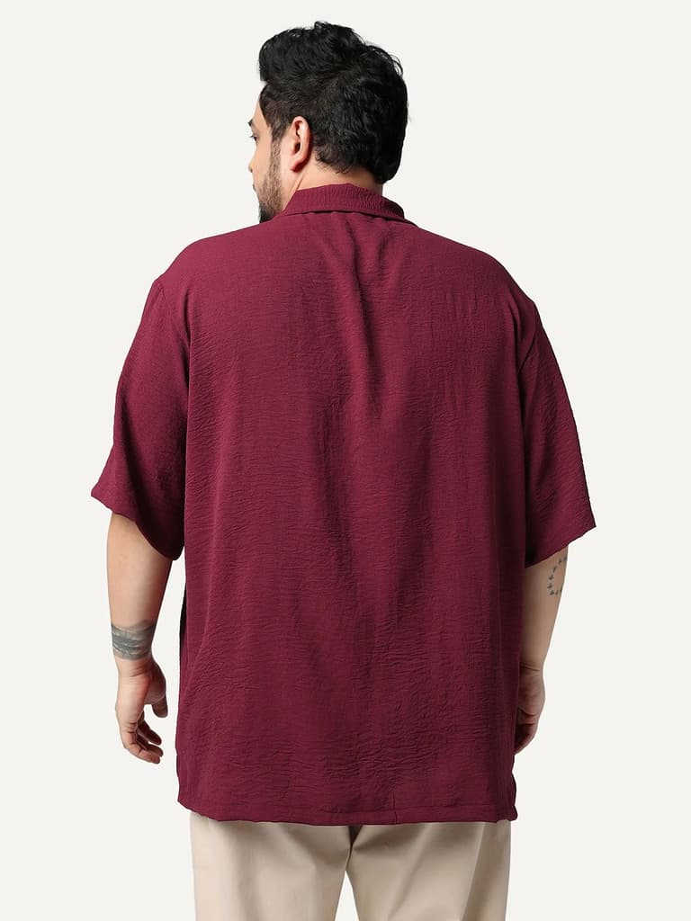 Plus Men's Red Cotton Half Sleeve Relaxed Fit Textured Shirt with Cuban Collar — photo 3
