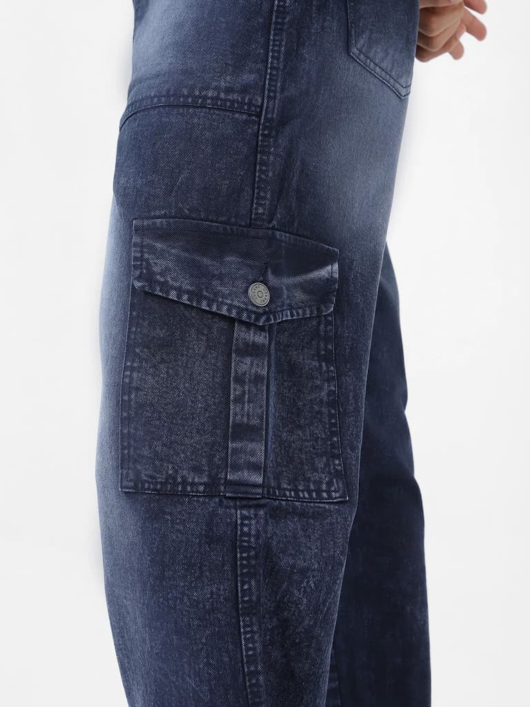 Men's Navy Loose Fit Cargo Jeans With 6 Pockets Non Stretchable — photo 5