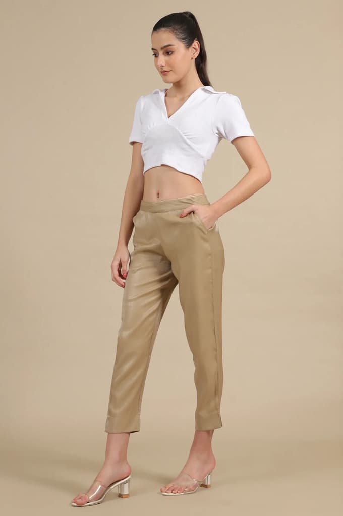 Gold Solid Straight Fit Trousers With Elasticated Waist — photo 5