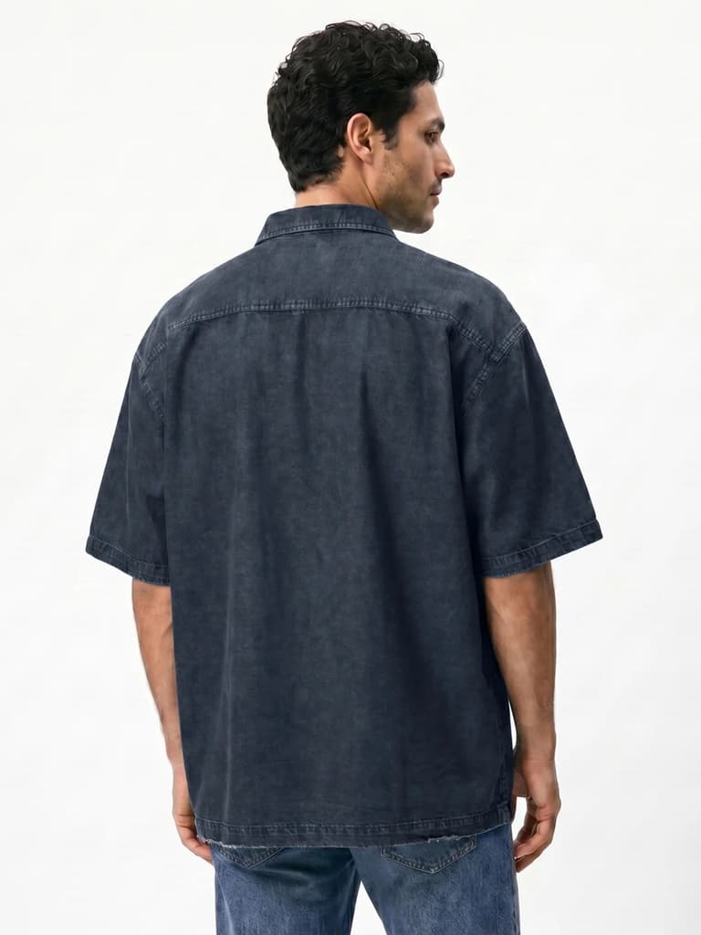 Men's Dark Blue Oversized Fit Half Sleeve Solid Casual Denim Shirt — photo 3