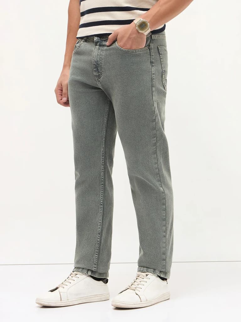 Men's Light Grey Regular Fit Towel Washed Yellow Tint Denim Jeans Stretchable — photo 3