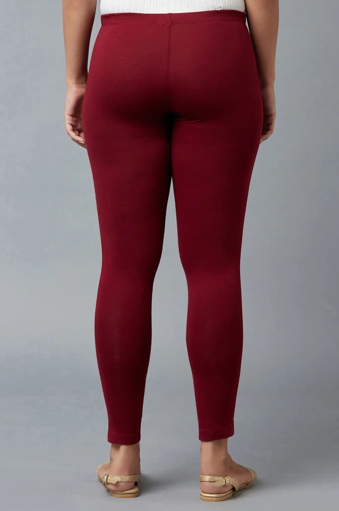 Maroon Solid Skinny Fit Cotton Tights With Elasticated Waistband — photo 2