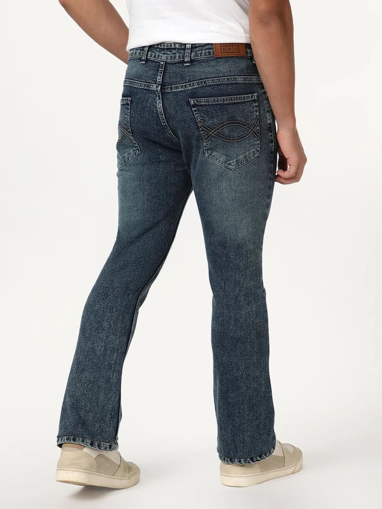 Men's Blue Bootcut Fit Mid Rise Tinted Heavy Washed Jeans Stretchable — photo 4