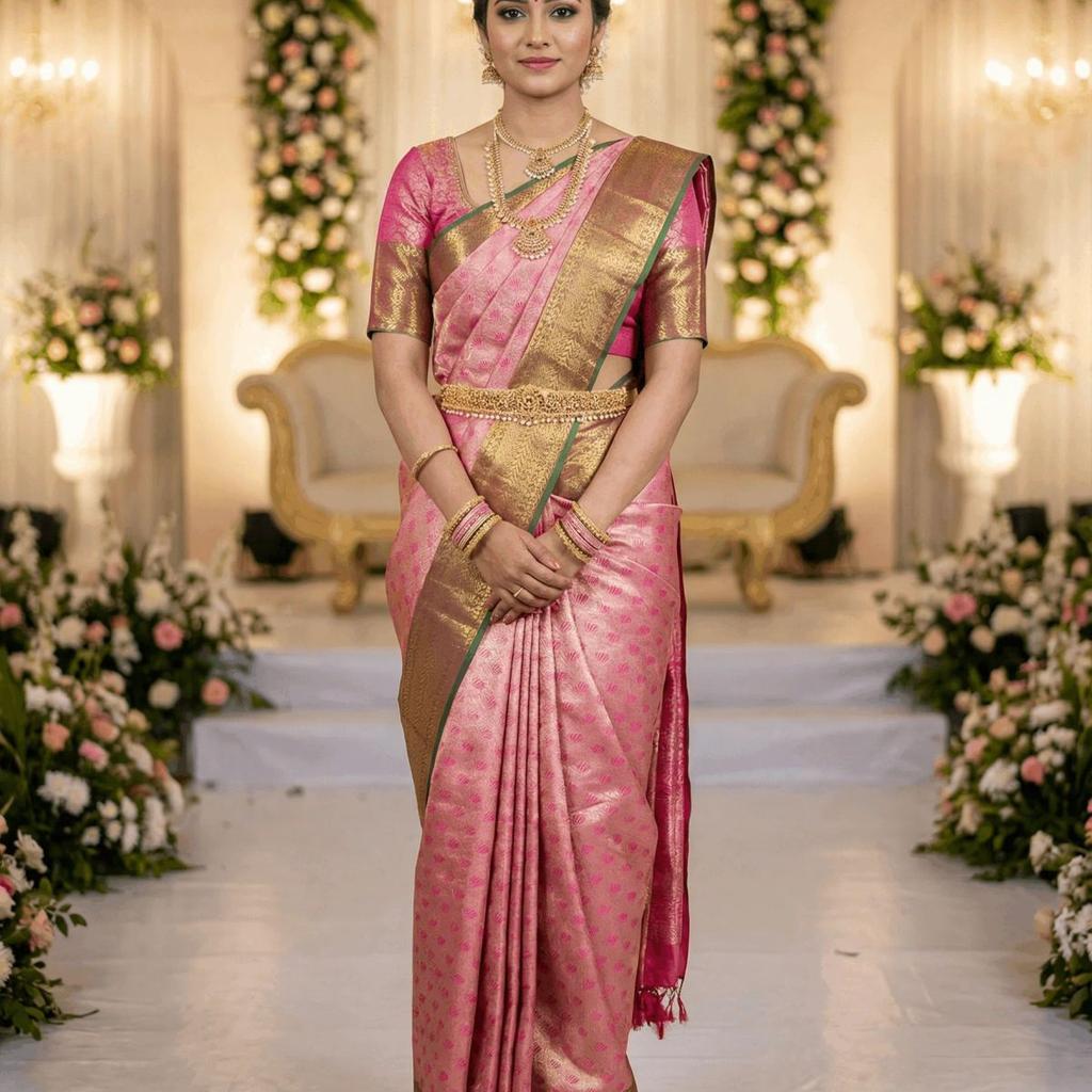 MIMOSA Women's Woven Design Kanjivaram Style Art Silk Saree with Blouse Piece - Rani Pink (SA00002866RNFREE)