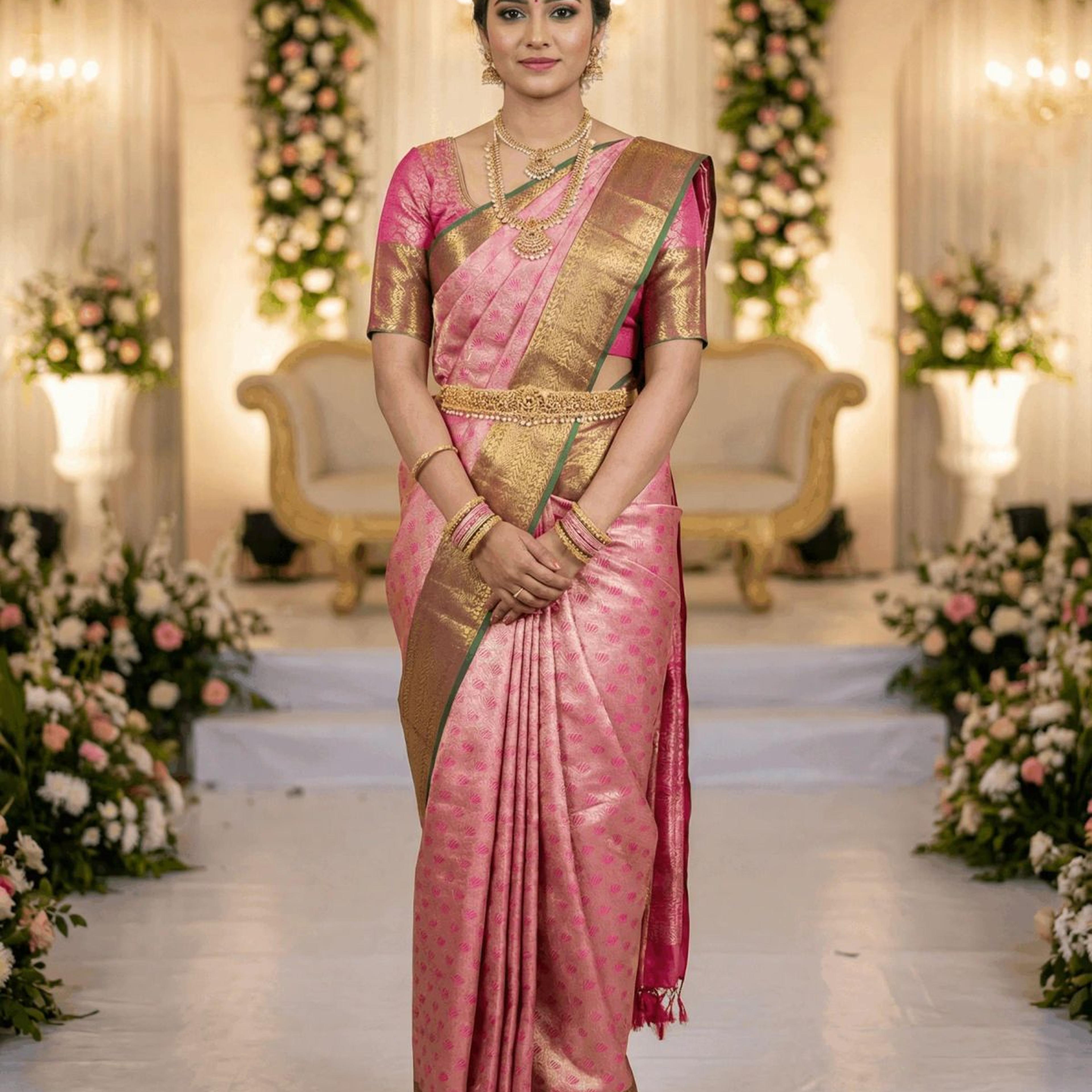 MIMOSA Women's Woven Design Kanjivaram Style Art Silk Saree with Blouse Piece - Rani Pink (SA00002866RNFREE)
