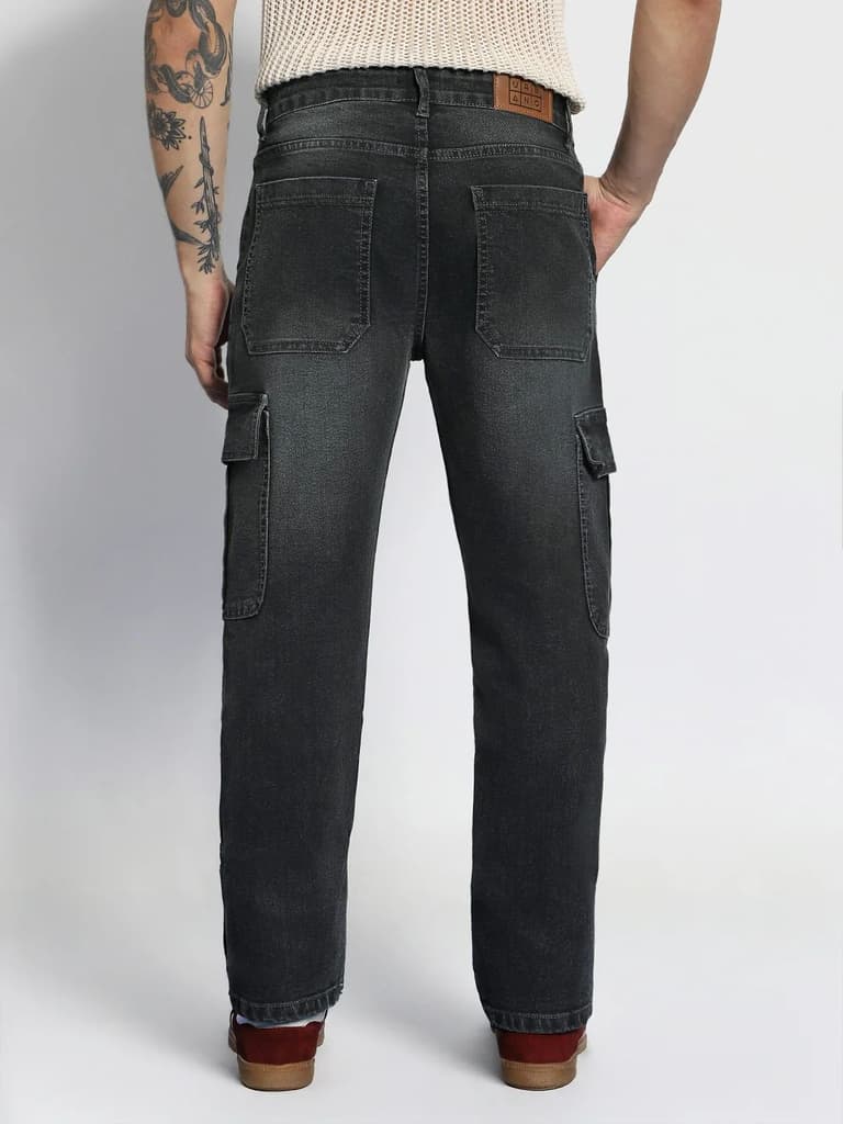 Men's Grey Regular Fit Washed Cargo Jeans With 6 Pockets Stretchable — photo 4