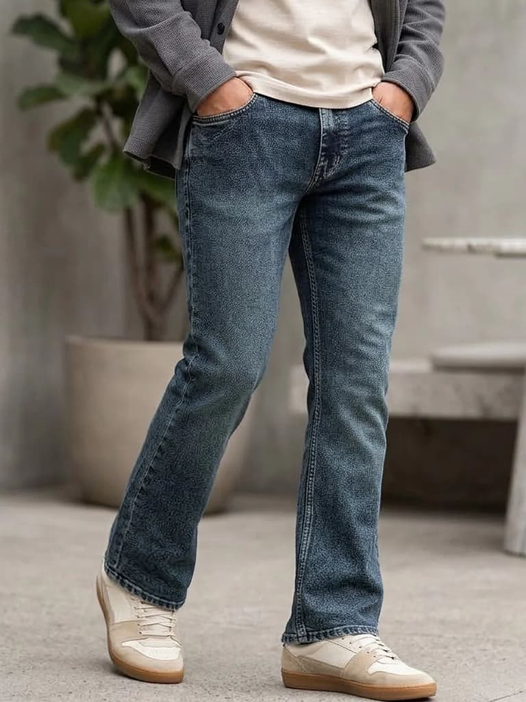 Men's Blue Bootcut Fit Mid Rise Tinted Heavy Washed Jeans Stretchable — 28 / Blue