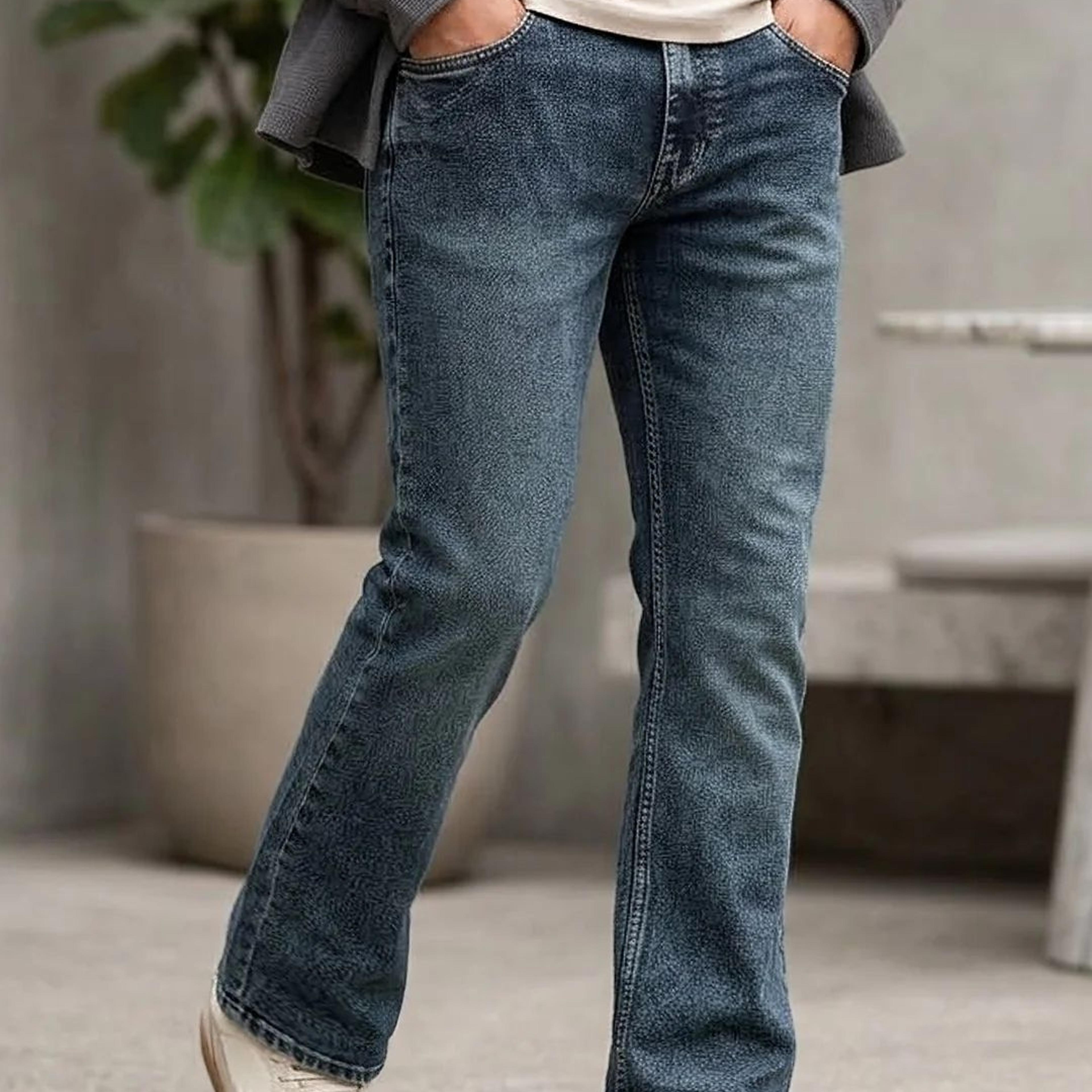 Men's Blue Bootcut Fit Mid Rise Tinted Heavy Washed Jeans Stretchable