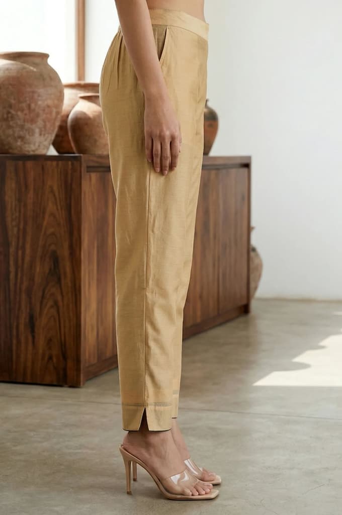 Gold Solid Chanderi Straight Fit Ankle Length Trousers — photo 5