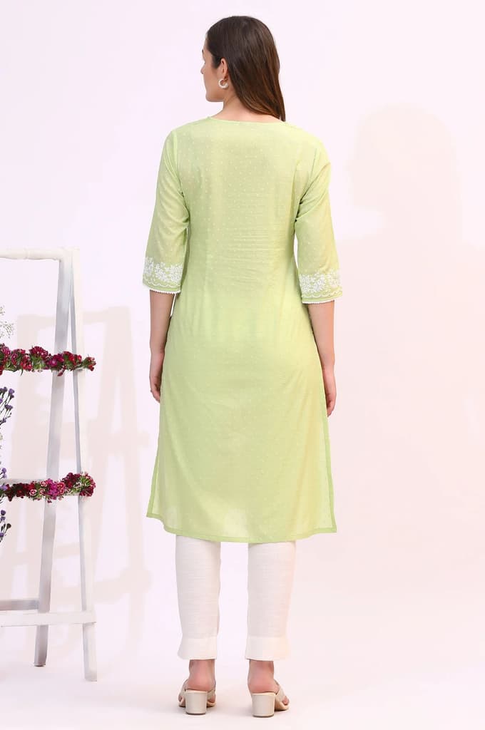 Pistachio Green Mirror Work Pure Cotton Straight Kurta — photo 6