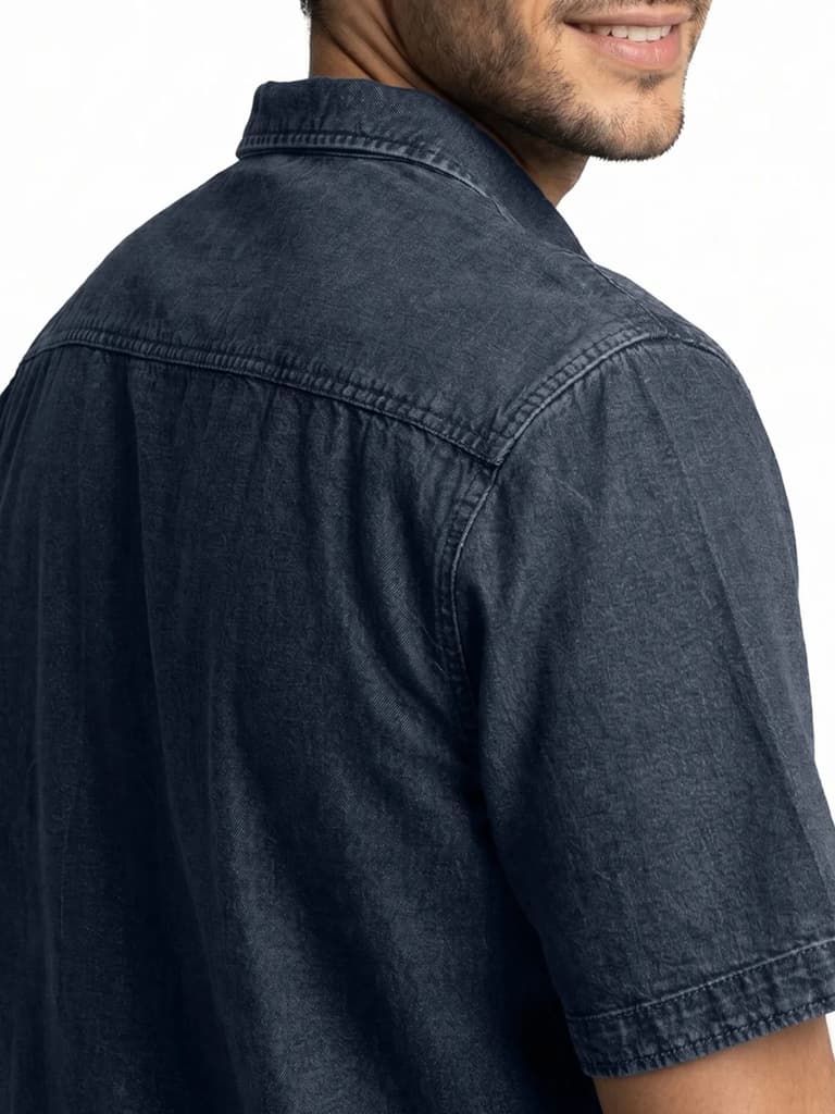 Men's Dark Blue Oversized Fit Half Sleeve Solid Casual Denim Shirt — photo 6