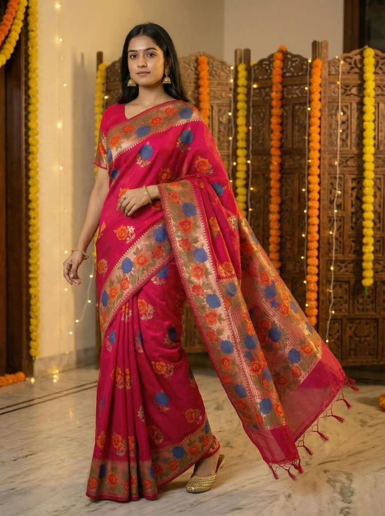 MIMOSA Women's Woven Design Paithani Style Raw Silk Saree with Blouse Piece - Rani ( SA00003129RNFREE ) — photo 3