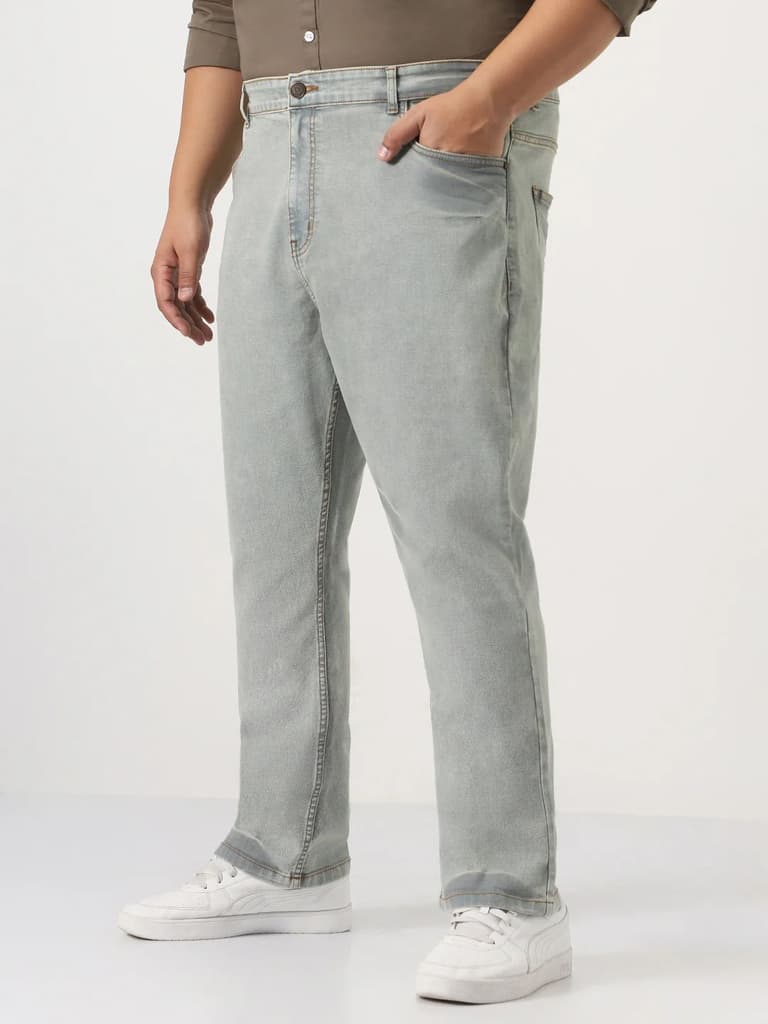 Plus Men's Ice Grey Straight Fit Heavy Washed Jeans Stretchable — photo 2
