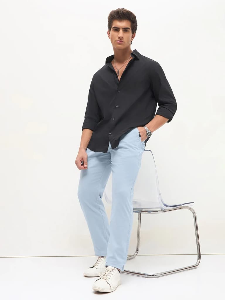 Men's Light Sky Blue Cotton Regular Fit Casual Chinos Trousers Stretch — photo 4