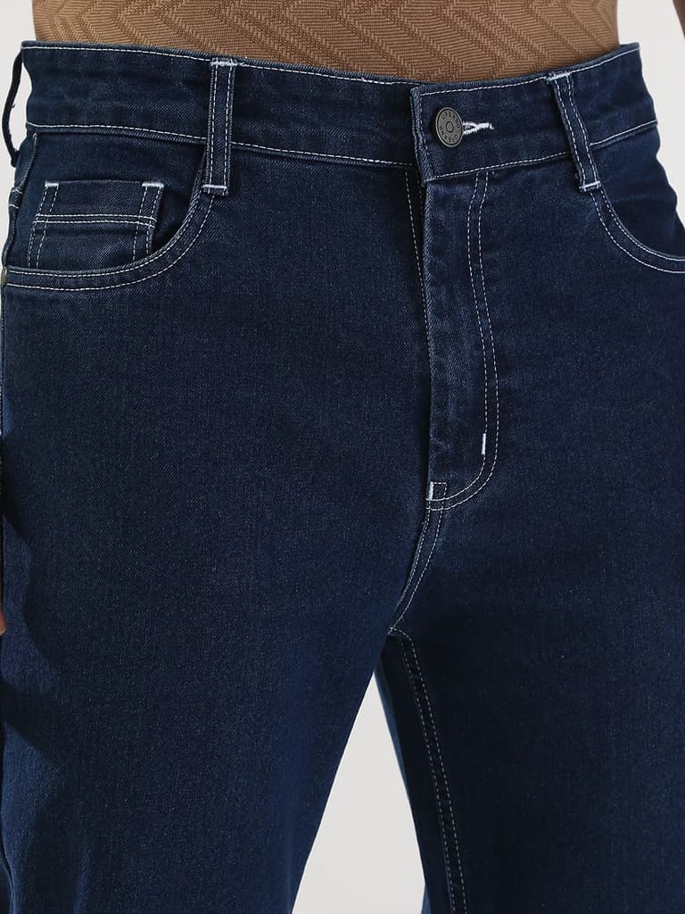 Men's Blue Straight Fit Washed Jeans Stretchable — photo 5