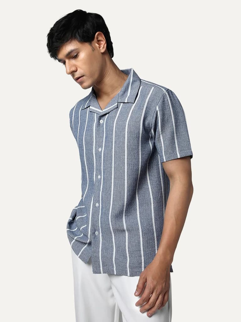Men's Blue Cotton Half Sleeve Relaxed Fit Linen Striped Shirt with Cuban Collar — photo 3