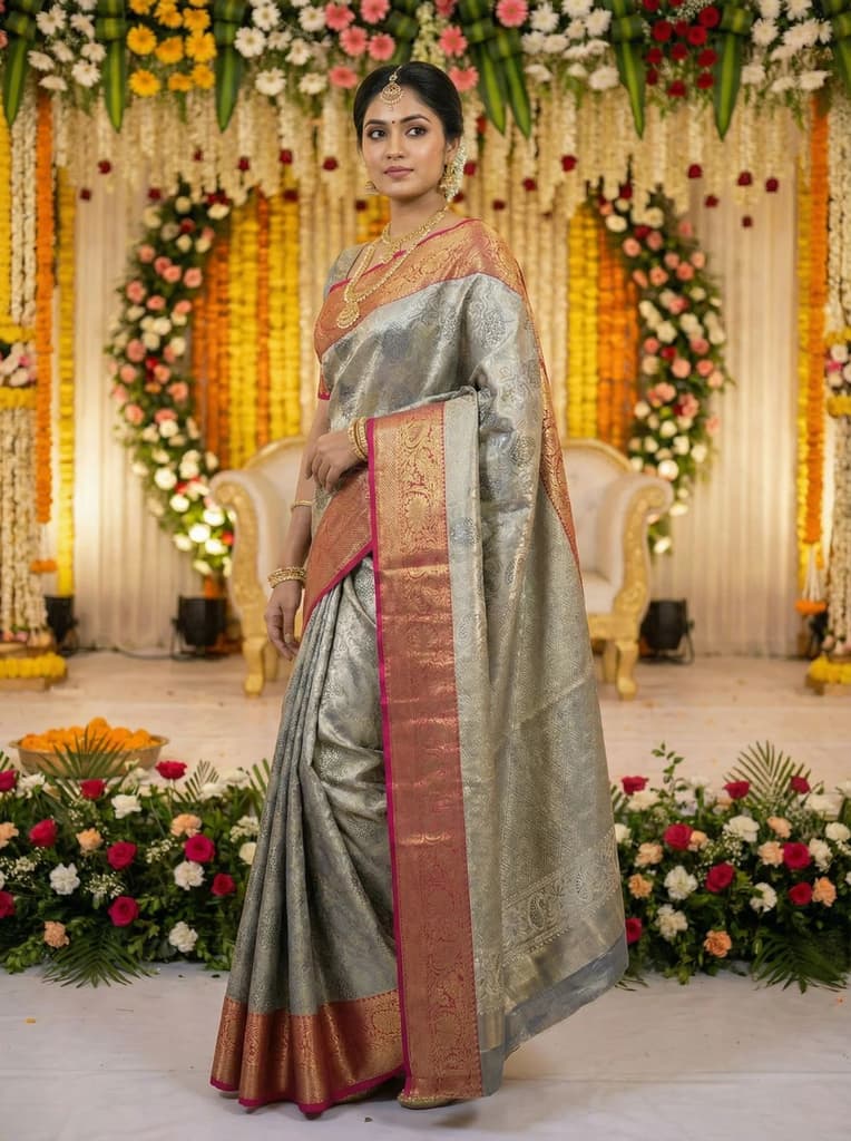 MIMOSA Women's Woven Design Kanjivaram Style Art Silk Saree with Blouse Piece - Navy Blue (SA00002476NVFREE) — photo 2