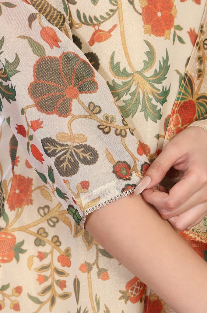 Off-White Floral Printed Straight Tissue Kurta with Straight Pant and Dupatta Set — photo 6