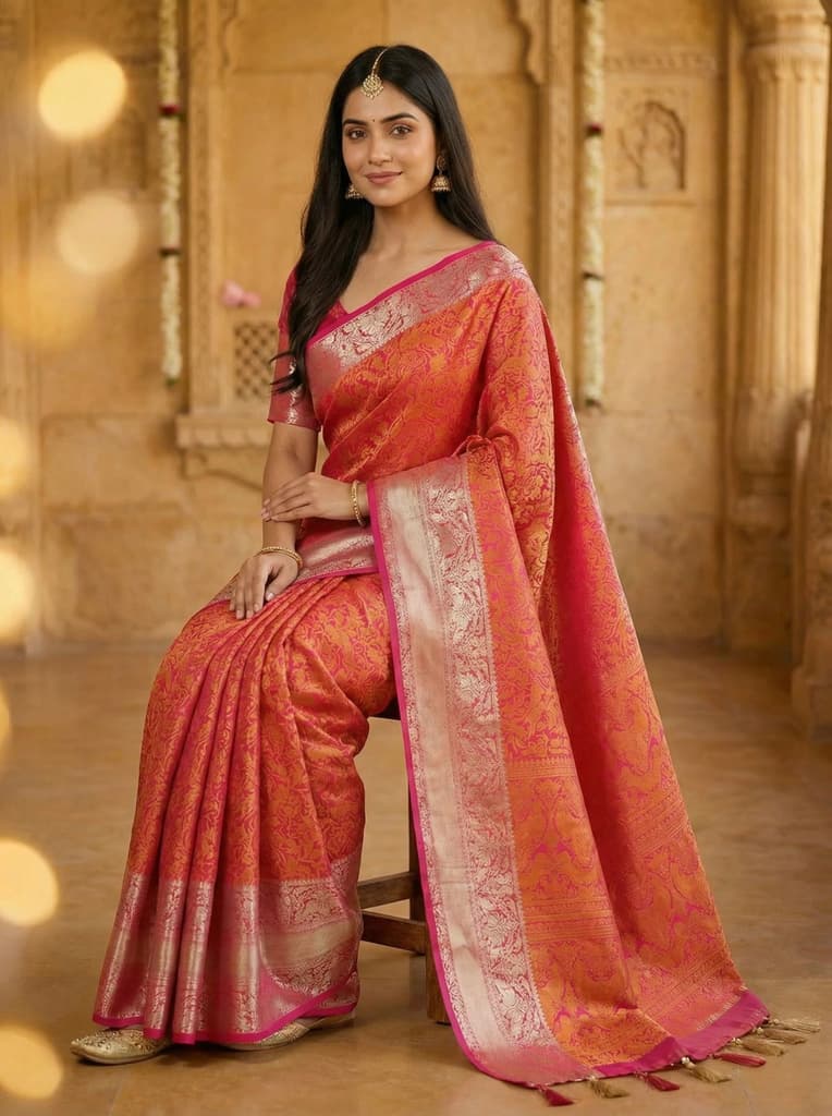 MIMOSA Women's Woven Design Banarasi Style Art Silk Saree with Blouse Piece - Rani ( SA00003132RNFREE ) — photo 4