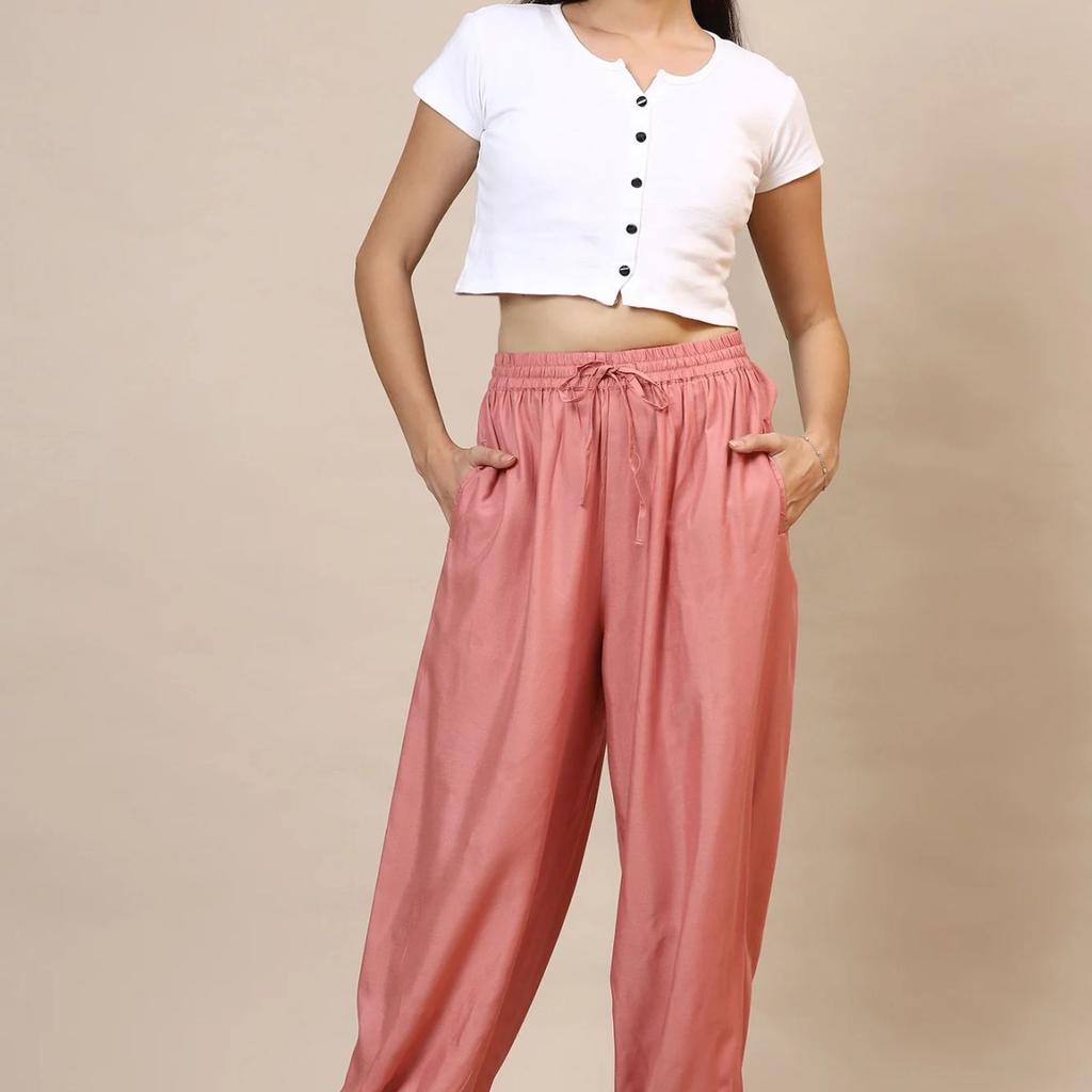 Pink Solid Loose Fit Rayon Dhoti Pants With Drawstring