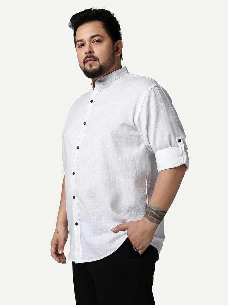Plus Men's White Linen Blend Full Sleeve Relaxed Fit Mandarin Collar Casual Solid Shirt — photo 2