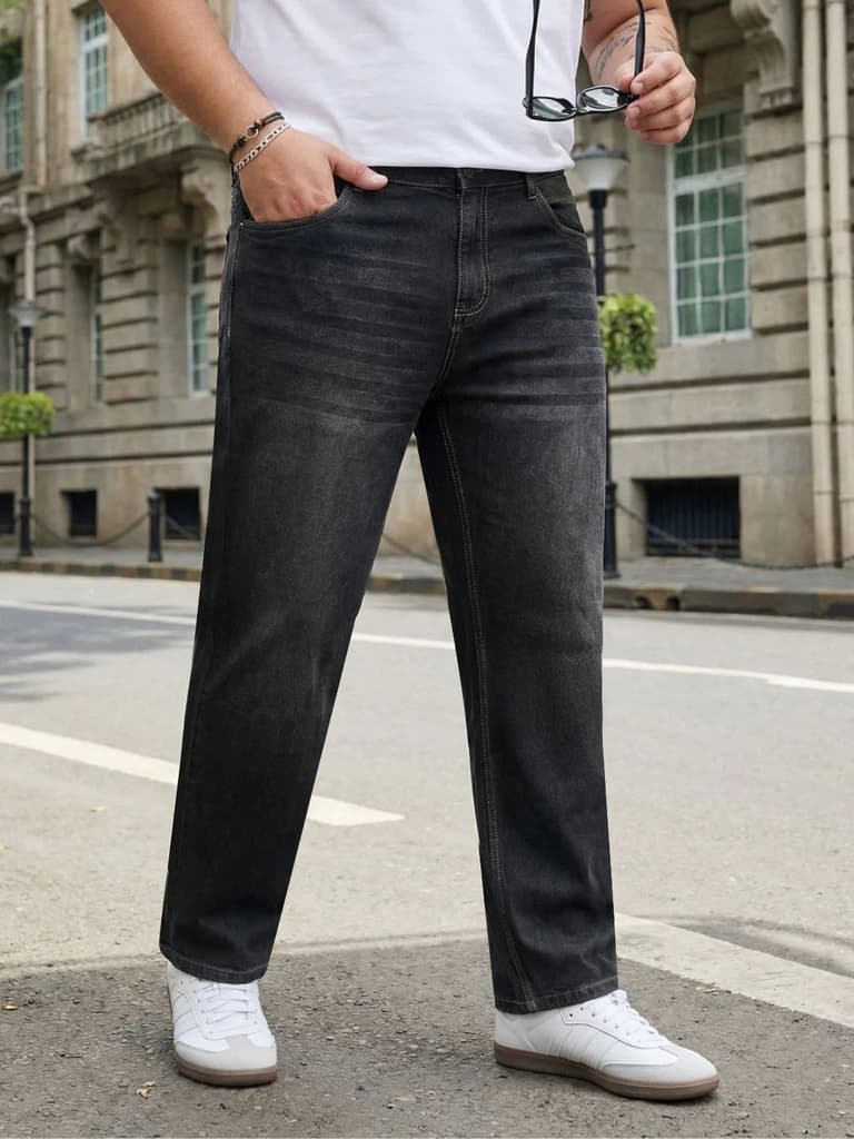 Plus Men's Dark Grey Relaxed Fit Washed Denim Jeans Non-Stretchable — 36 / Dark Grey