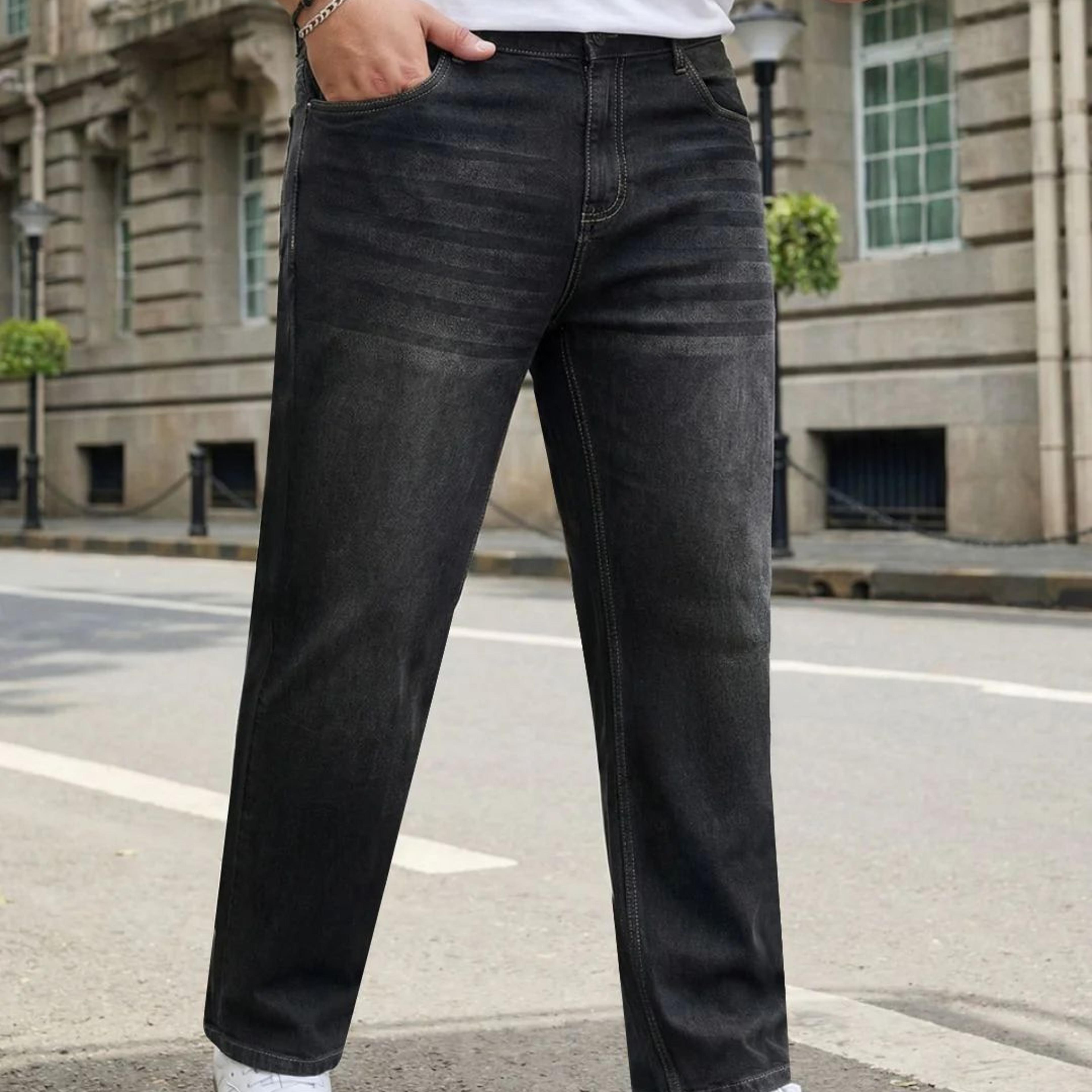 Plus Men's Dark Grey Relaxed Fit Washed Denim Jeans Non-Stretchable