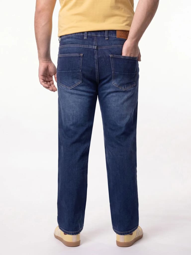 Plus Men's Dark Blue Relaxed Fit Washed Denim Jeans Non-Stretchable — photo 3