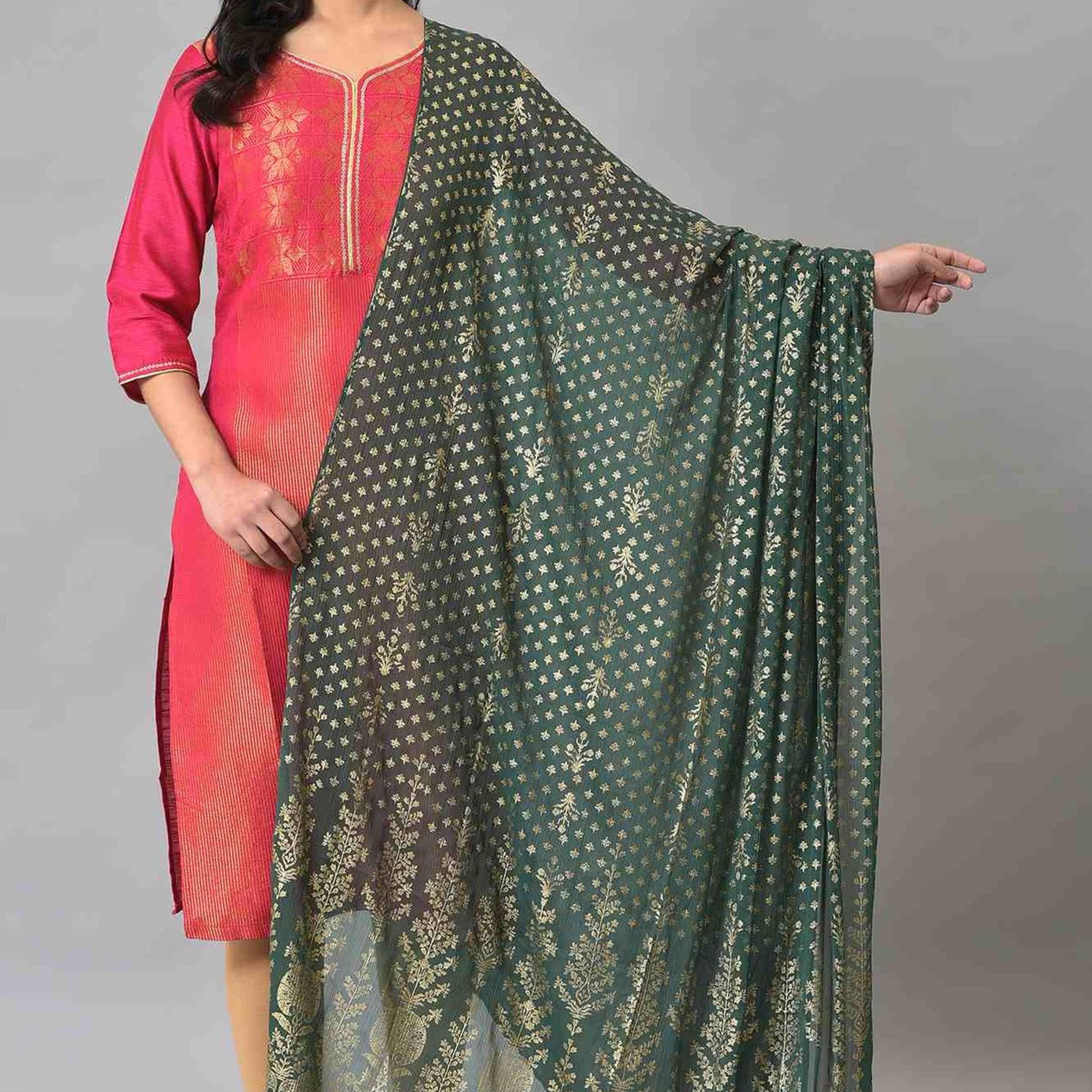 Green Silver Chiffon Printed Dupatta
