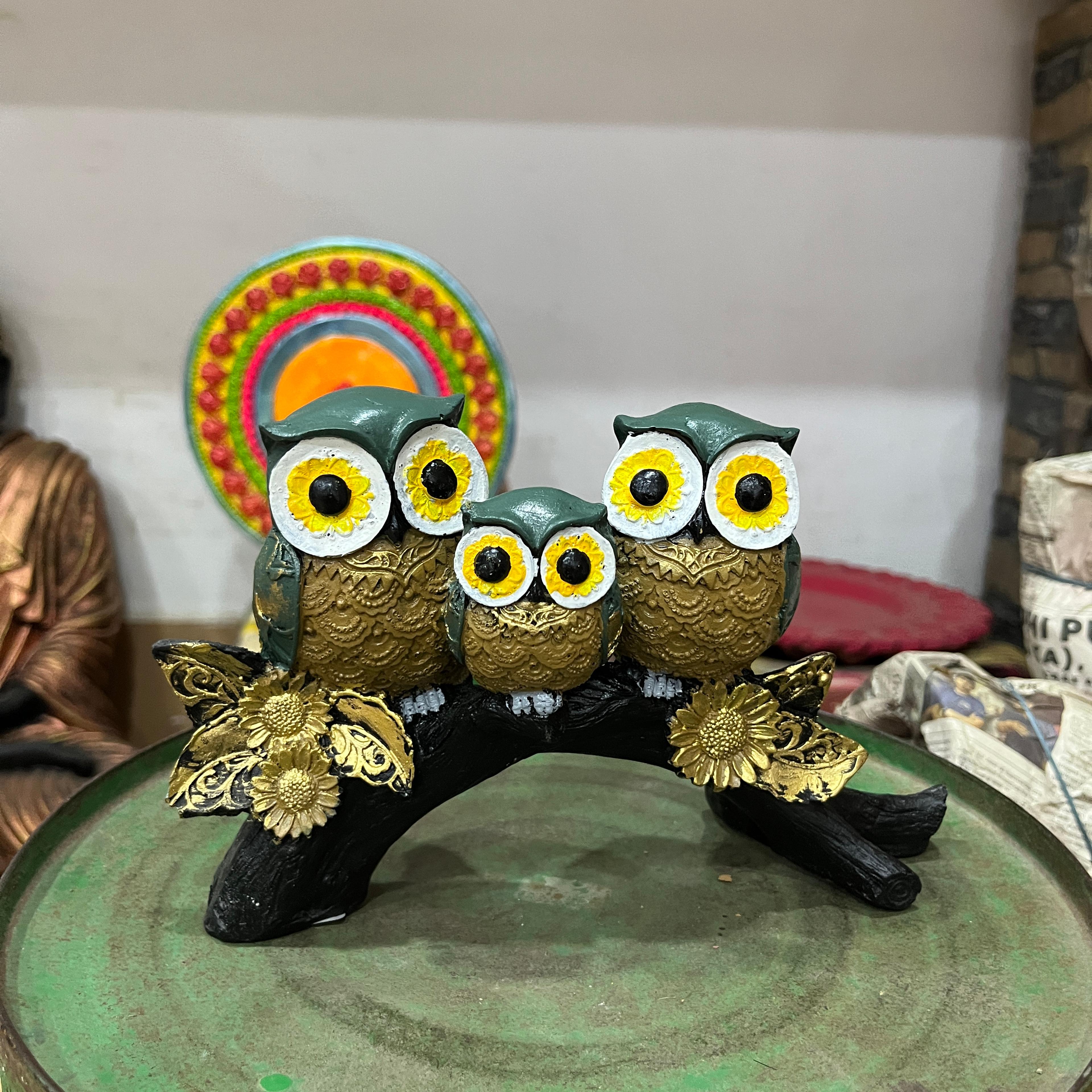 Owl Statue | Decoration | Wood | Yellow and Gold