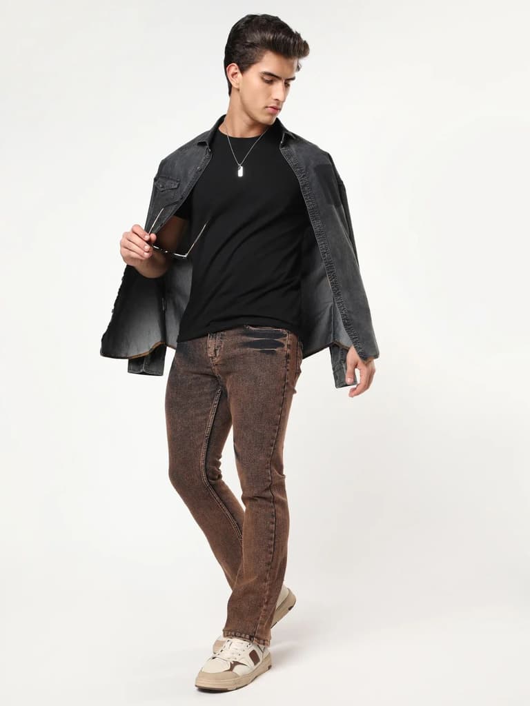Men's Light Brown Bootcut Fit Mid Rise Acid Wash Jeans Stretchable — photo 4