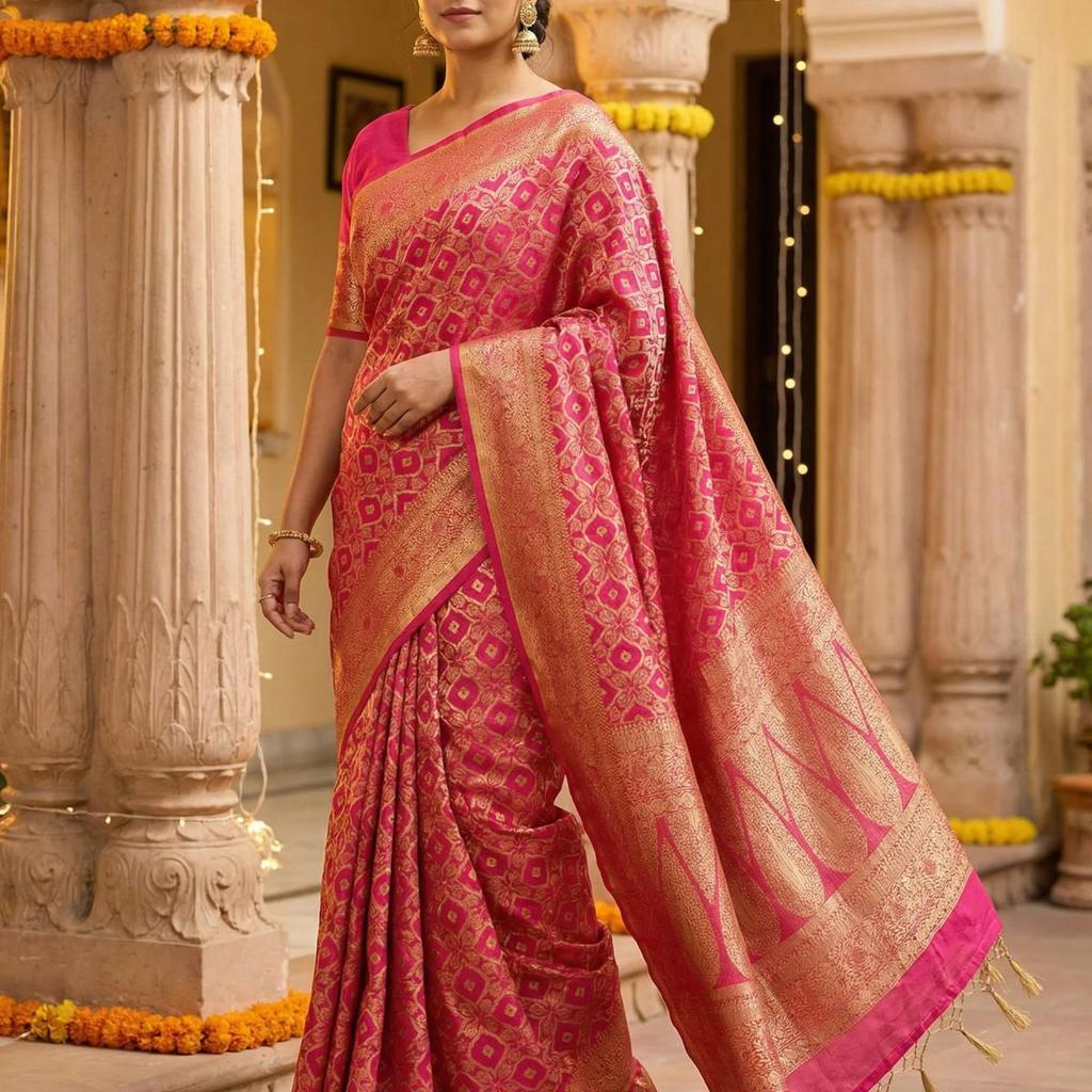MIMOSA Women's Woven Design Banarasi Style Raw Silk Saree with Blouse Piece - Rani ( SA00003131RNFREE )