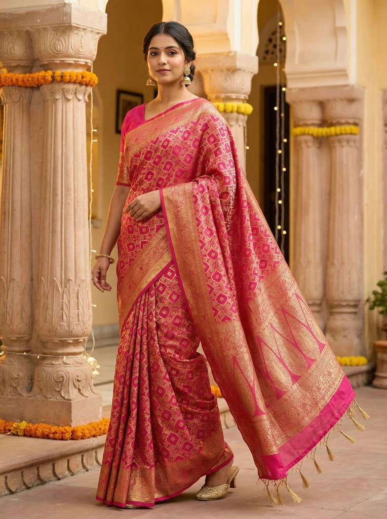 MIMOSA Women's Woven Design Banarasi Style Raw Silk Saree with Blouse Piece - Rani ( SA00003131RNFREE ) — Default Title