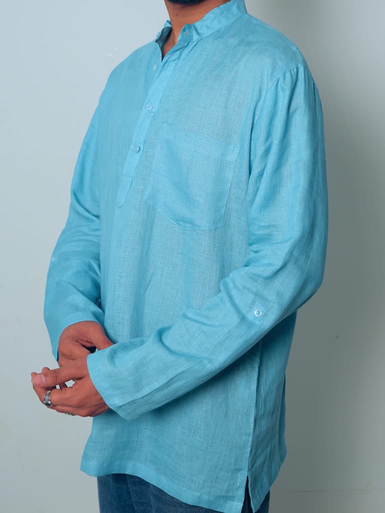 आसमानी (Aasmani) - Men Light Blue Premium Linen Short Kurta — photo 8