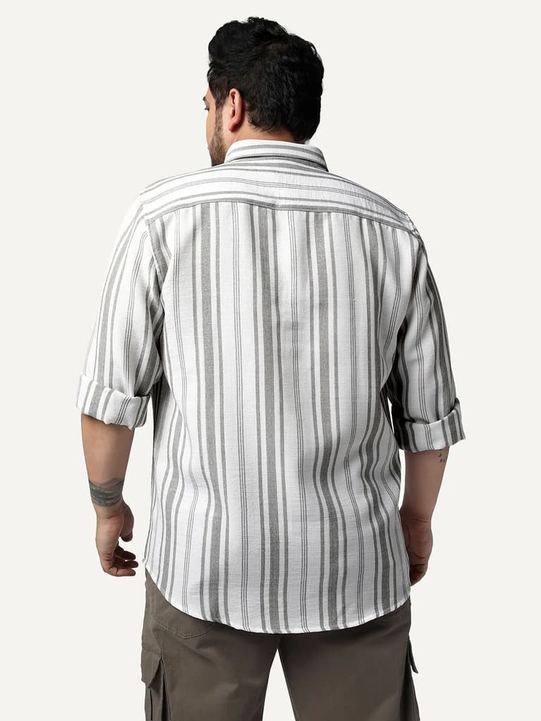 Plus Men's Grey Cotton Full Sleeve Relaxed Fit Linen Striped Shirt with Spread Collar — photo 3