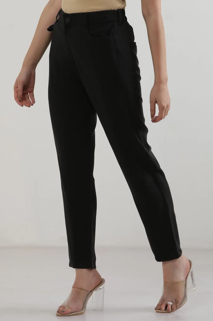 Black Solid Straight Fit Rayon Pants With Button Closure — photo 3