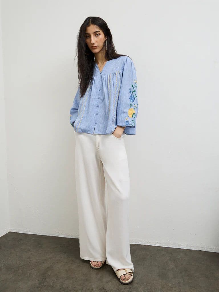Bombay Paisley Blue Embroidered Cotton Top — photo 2