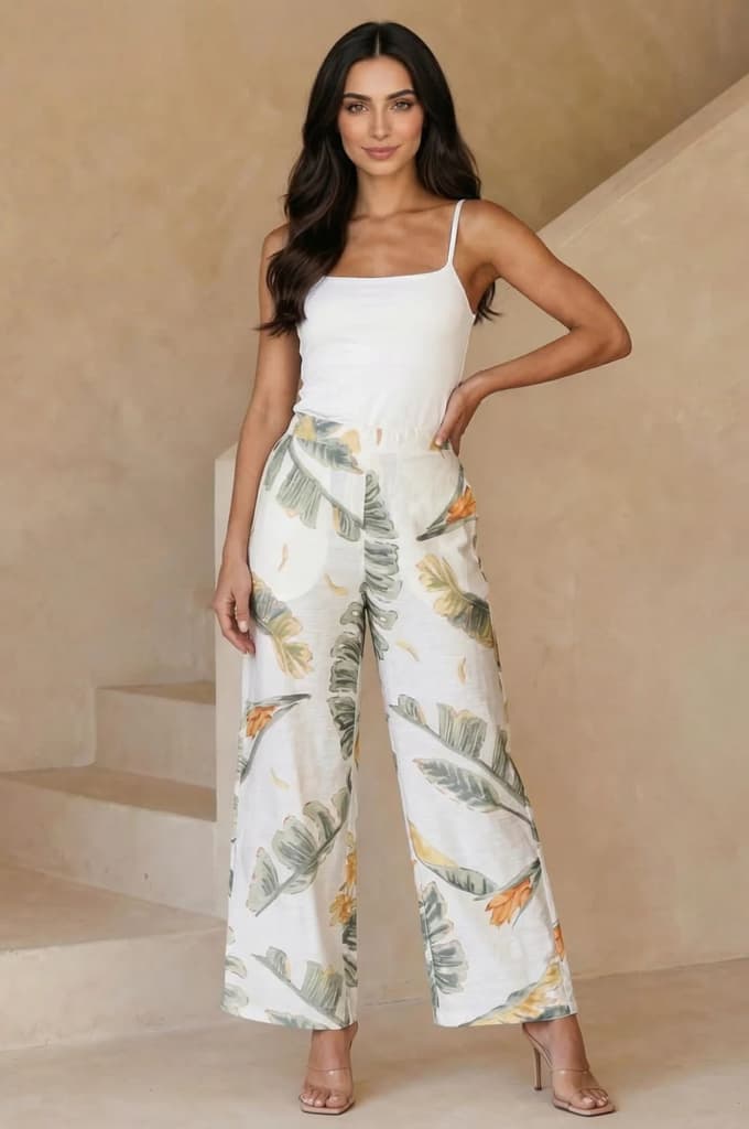White Tropical Floral Printed Wide Leg Ankle Length Parallel Pants — photo 4
