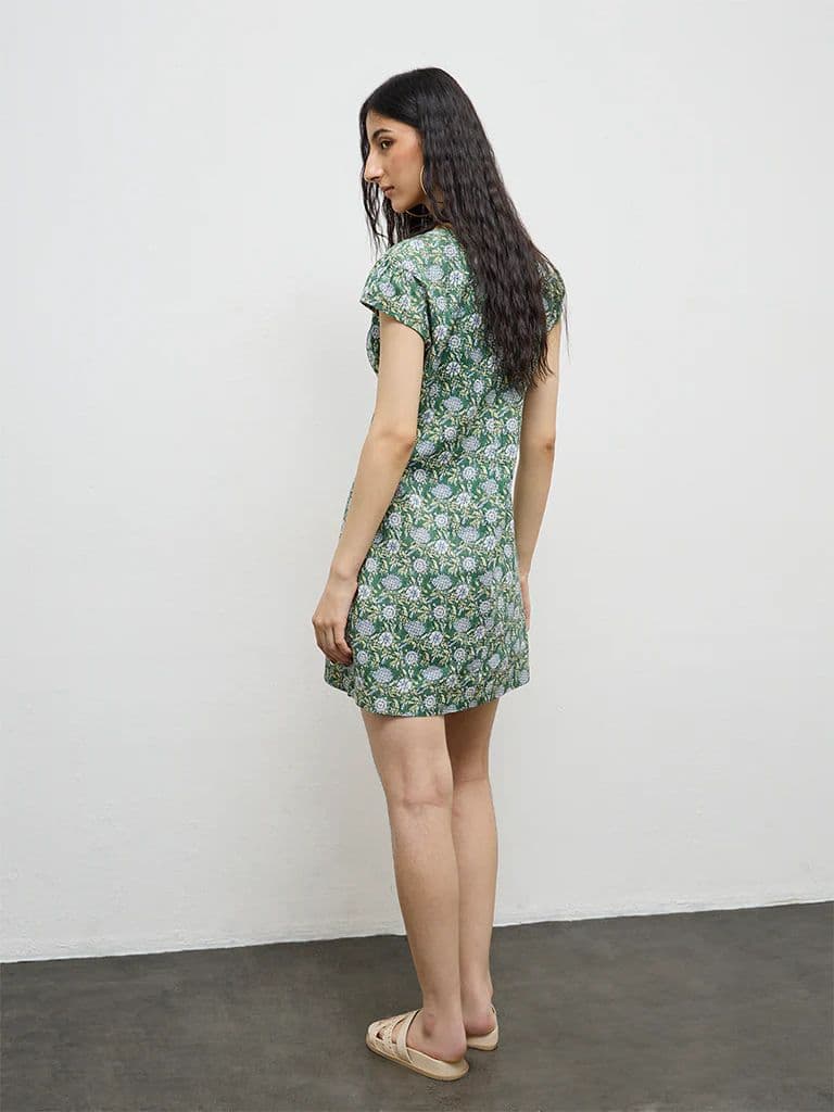 Bombay Paisley Green Floral Pattern Cotton A-Line Dress — photo 4