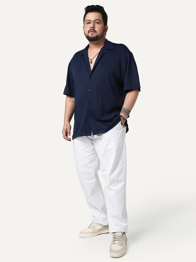 Plus Men's Navy Cotton Half Sleeve Oversized Fit Textured Shirt with Cuban Collar — photo 4