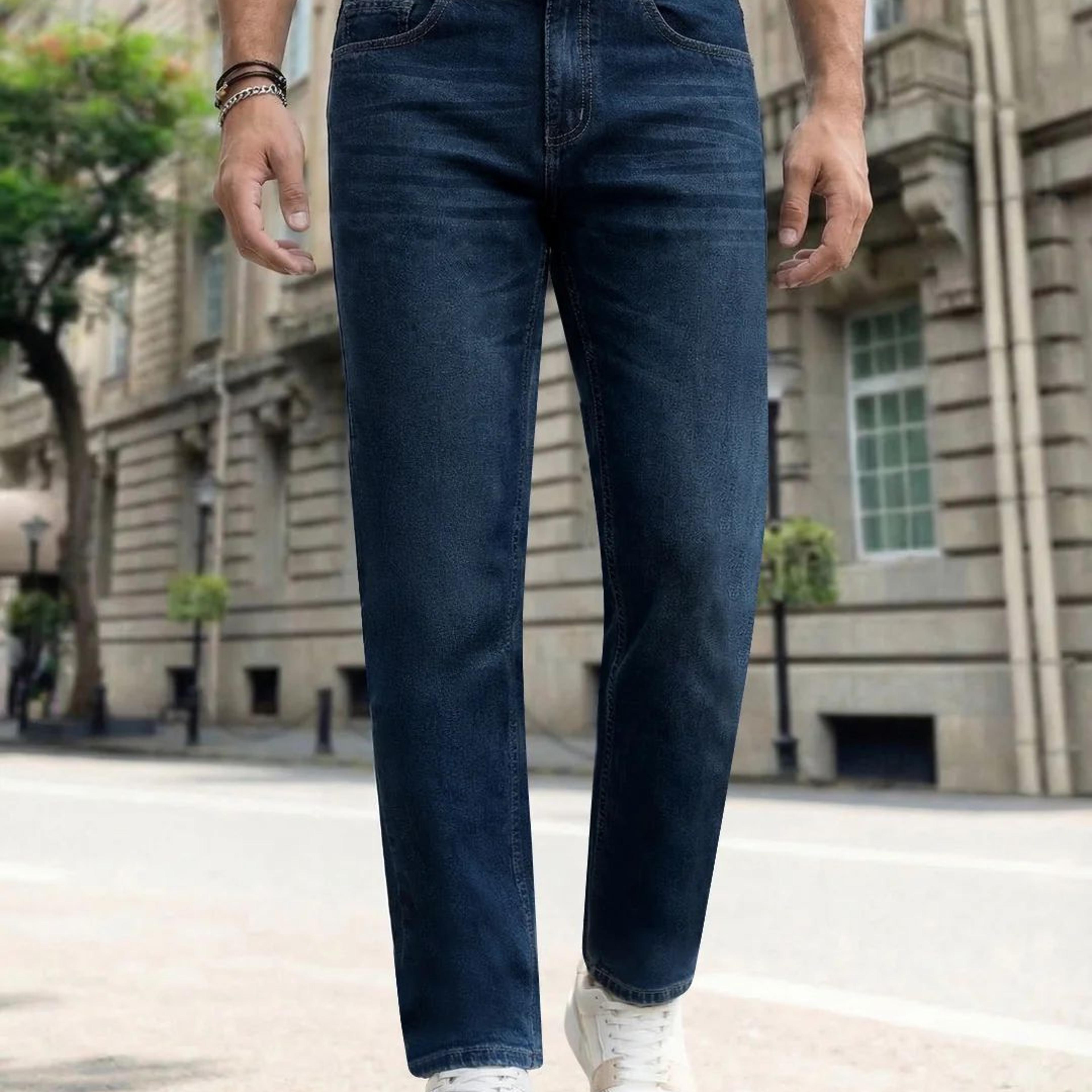 Men's Blue Relaxed Fit Washed Denim Jeans Non-Stretchable