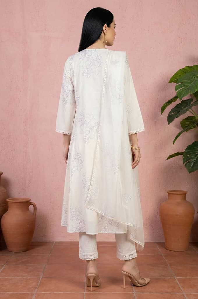 Off White Thread Embroidered Pure Cotton Straight Kurta With Straight Pants And Dupatta Set — photo 5