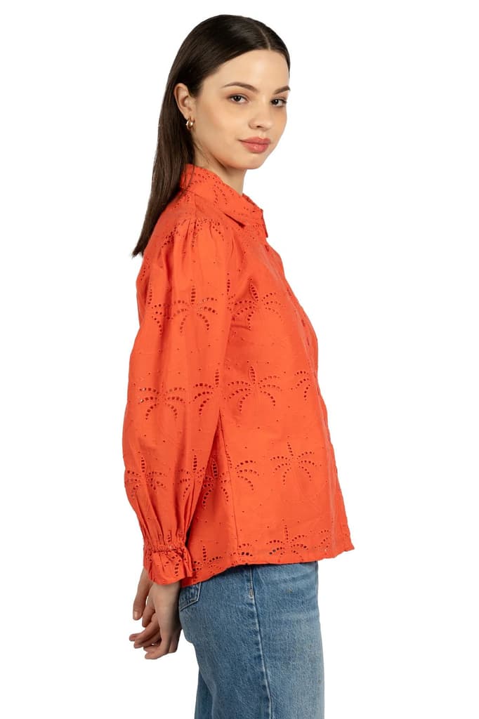 Red Solid Cotton Schiffli Collared Shirt — photo 6