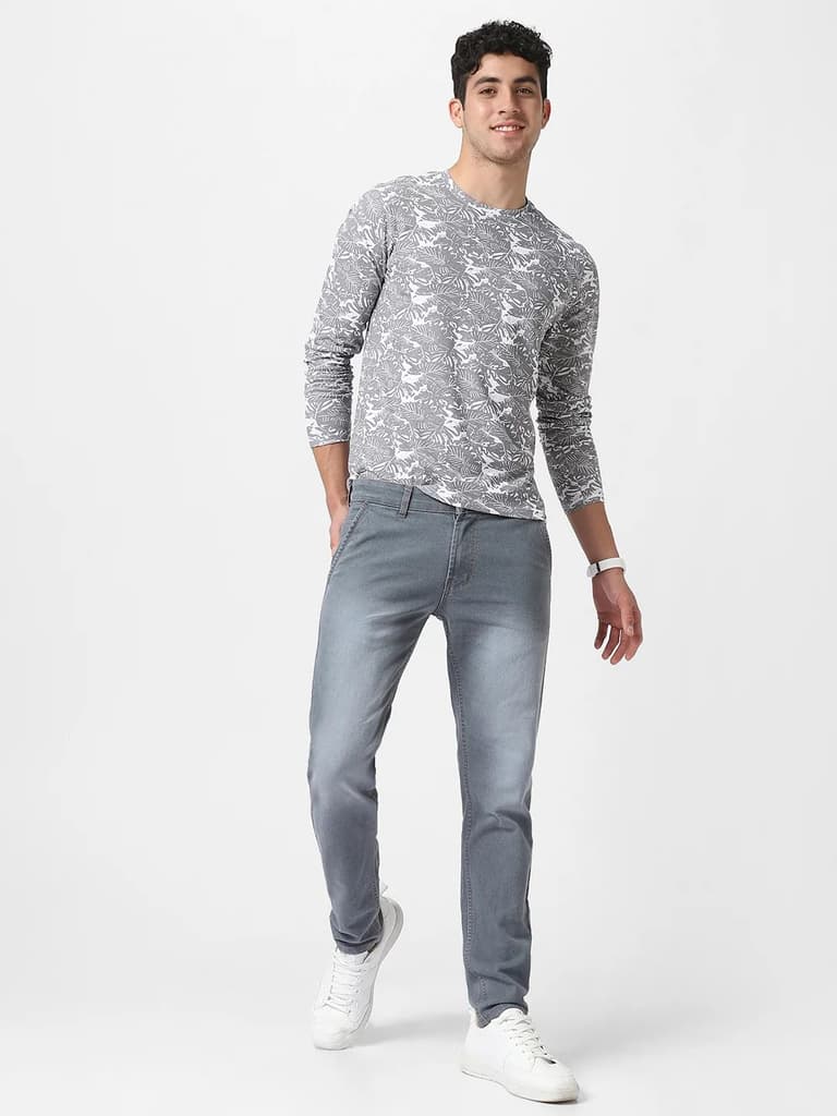 Men's White Grey Printed Full Sleeve Slim Fit Cotton T-Shirt — photo 4