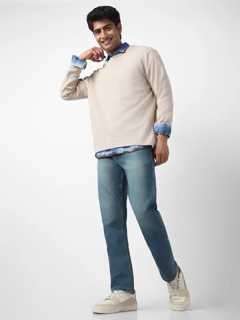 Men's Light Blue Straight Fit Washed Jeans Stretchable — photo 4