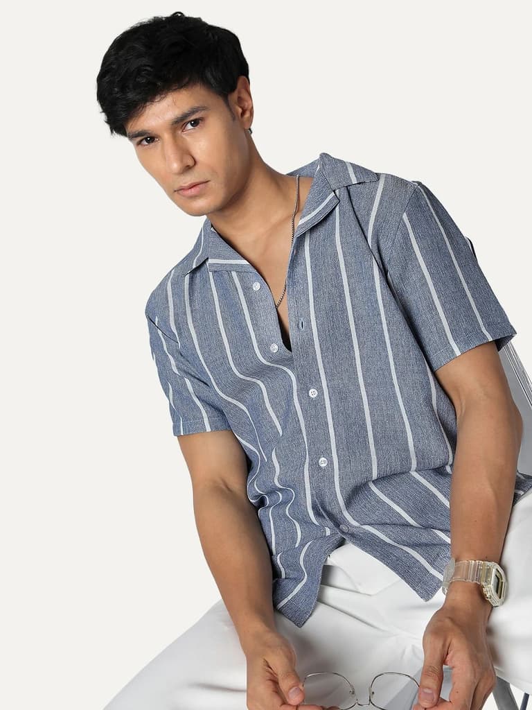 Men's Blue Cotton Half Sleeve Relaxed Fit Linen Striped Shirt with Cuban Collar — photo 2