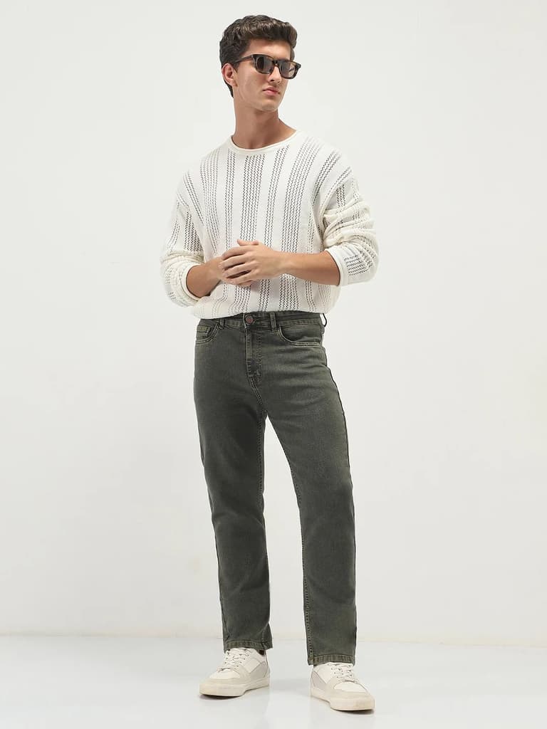 Men's Grey Straight Fit Heavy Washed Jeans Stretchable — photo 4