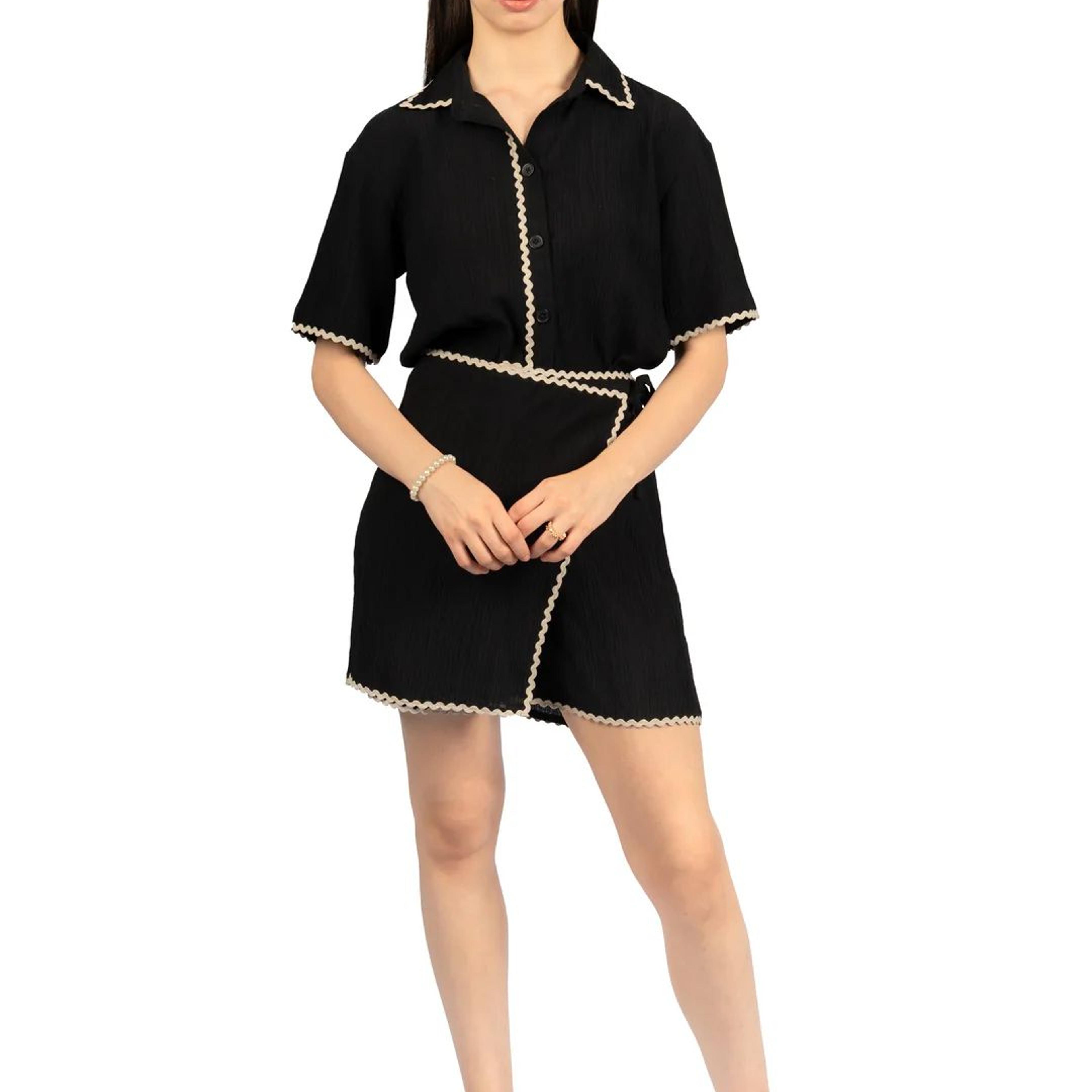 Black Solid Collared Boxy Co-ord Set