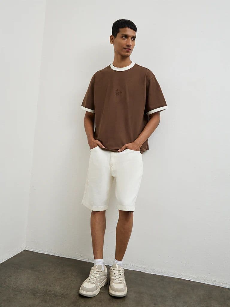 Nuon Brown Contrast Detailed Relaxed-Fit Cotton-Blend T-Shirt — photo 3