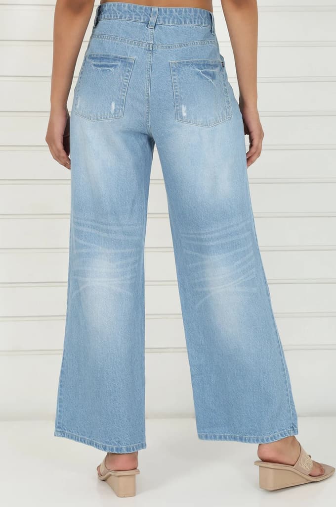 Blue Denim Mid Rise Ankle Length Flared Pants with YKK Zipper — photo 4